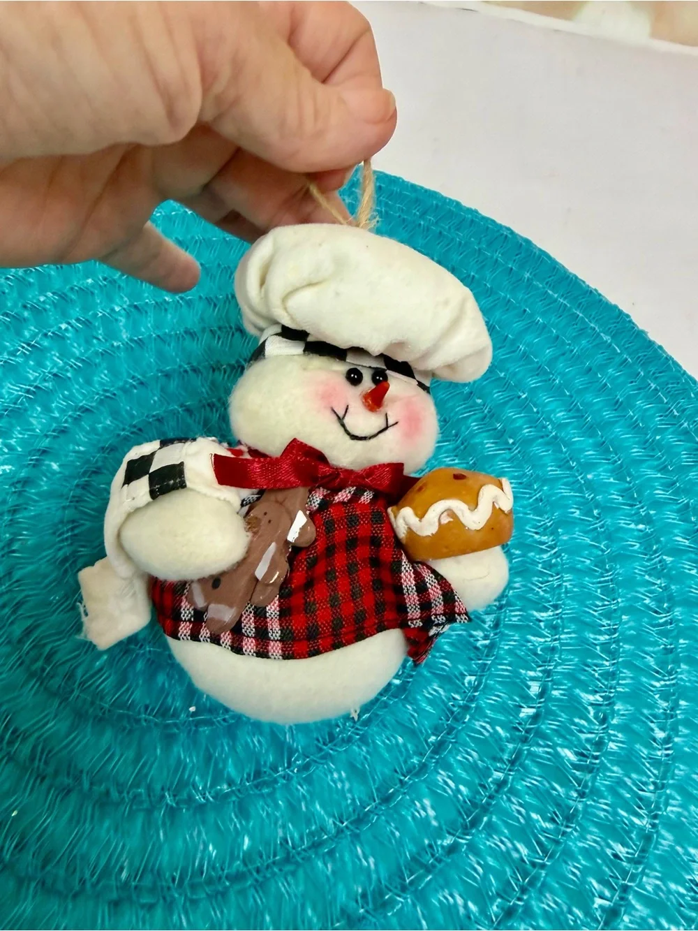 Handmade Snowman Chef Holiday Ornament - White & Red